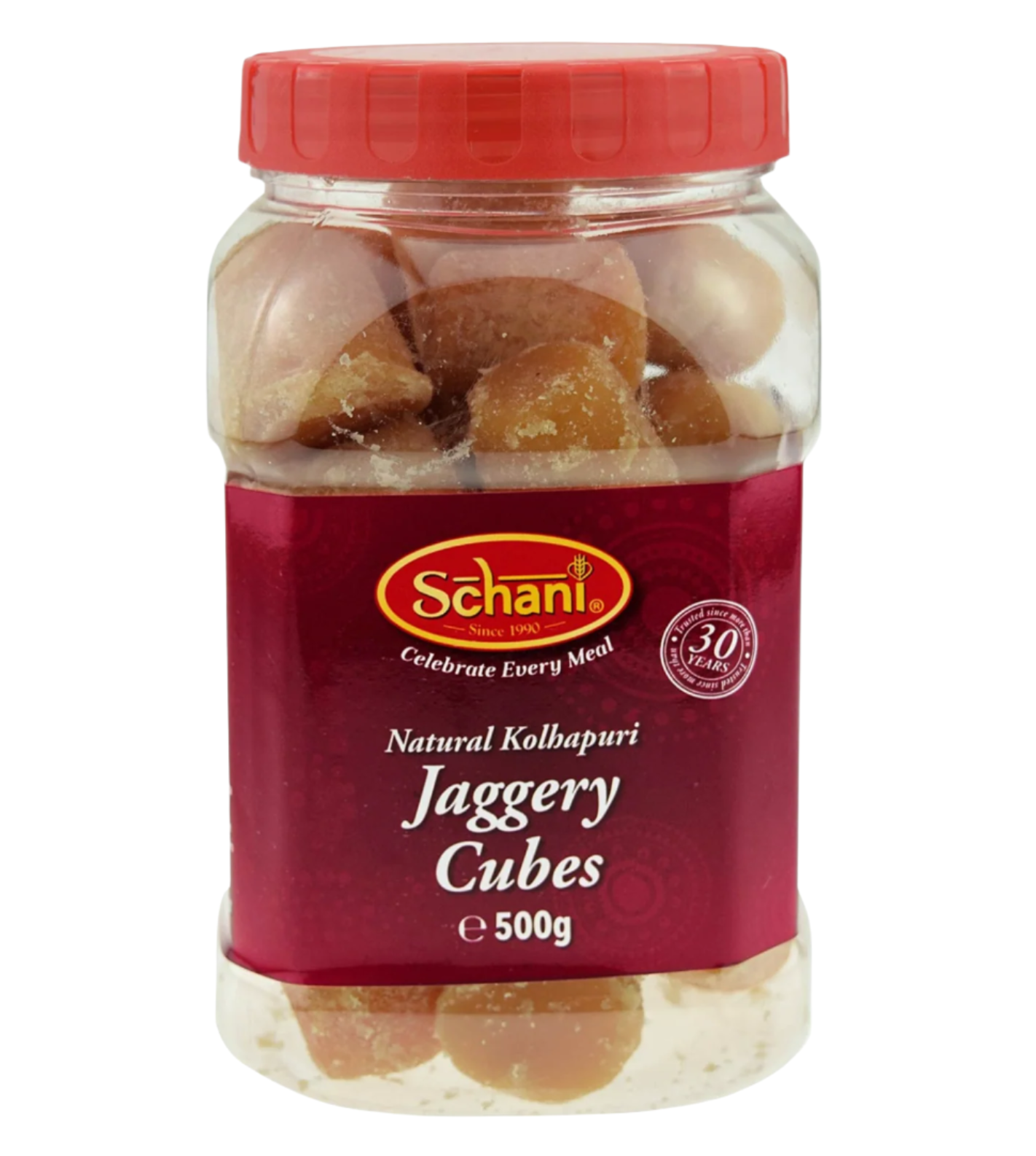 Jar of Schani Natural Kolhapuri Jaggery Cubes with a red lid on a white background